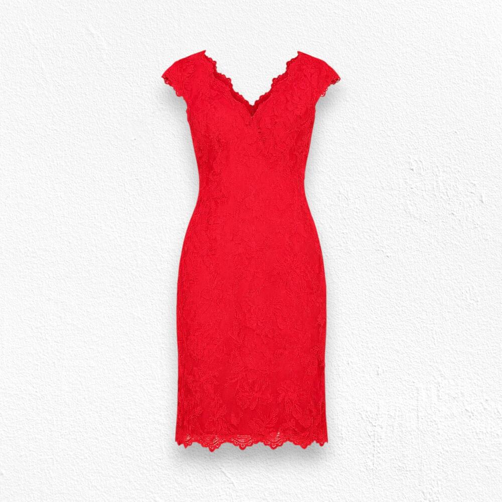 Tadashi Shoji Red Embroidered Lace V Neck Sheath Cap Sleeve Cocktail Dress 4